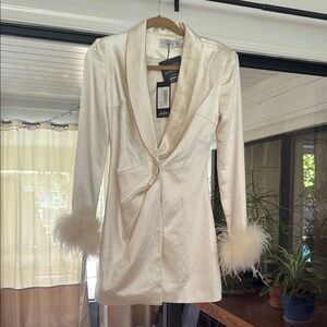 Club L London Ivory Satin Blazer Mini Dress with Feather Cuffs